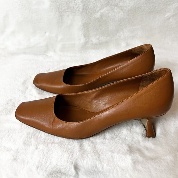 M.Gemi Square Toe Block Heels Shoes Cognac Brown Leather Italy Sz 37 / 6.5 US - Picture 8 of 11